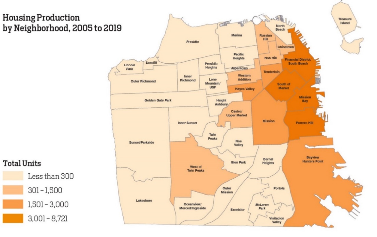 Figure 16. Map of housing production by neighborhood from 2005 to 2019.