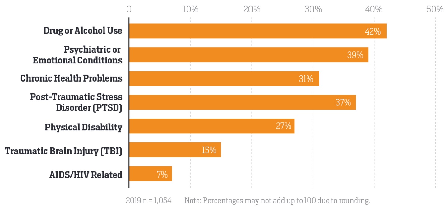 Figure 9. Percentage of people experiencing homelessness with different health conditions (2019).