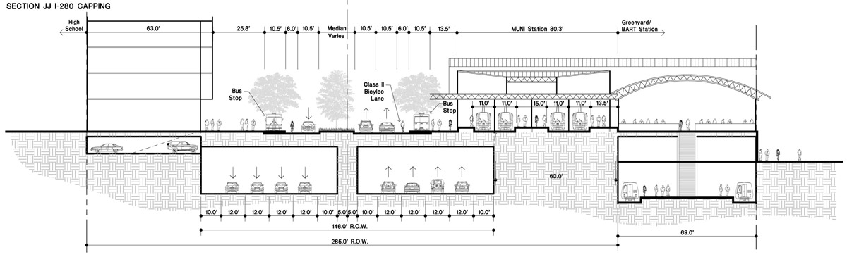 Section through the freeway deck and transit center.